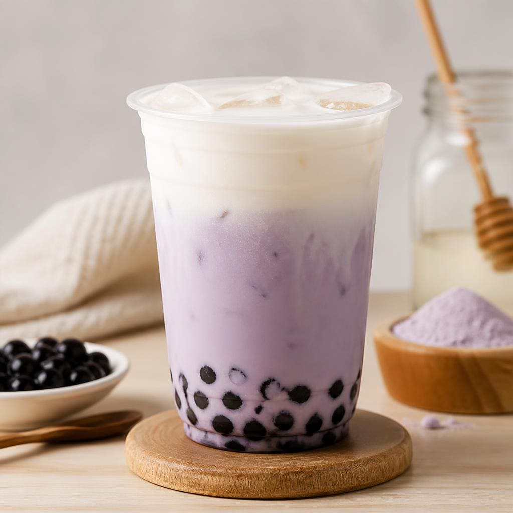 Es Taro Bubble Machiato Kopi Ruang Hati dengan taro powder boba machiato susu dan sirup gula